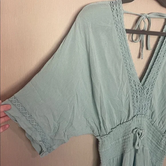 Lovestitch small blue lace crochet smocked dress rayon v neck tie back - Picture 2 of 8